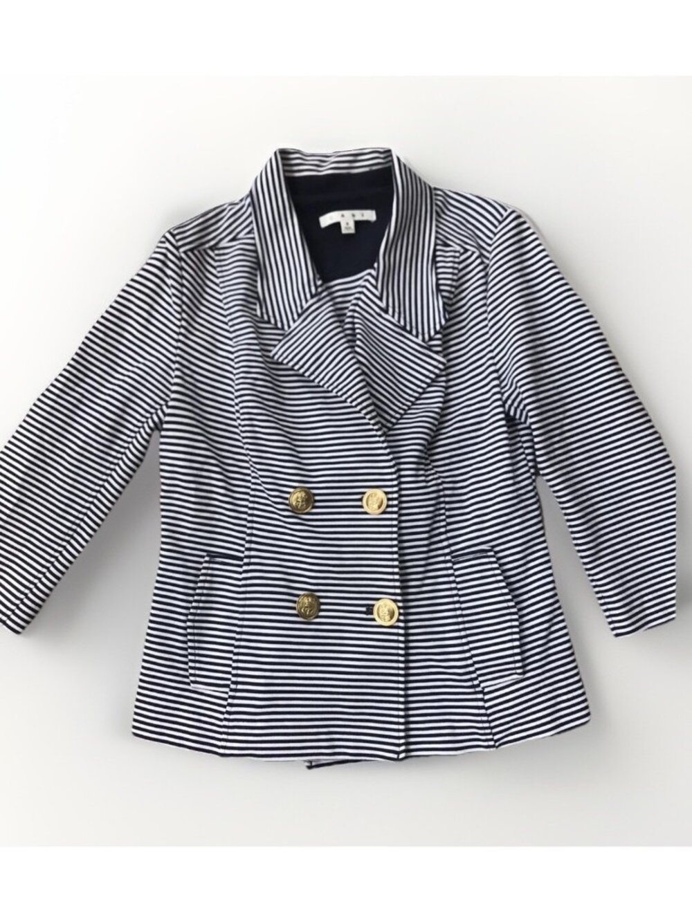 Cabi Academia Stretch Blazer Small Navy Blue White Nautical striped.    Q